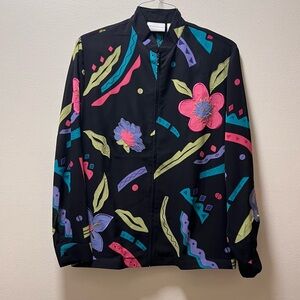 Alfred Dunner Stylish Unique Black Full Zip Blouse With Vibrant Deco, Sz 10